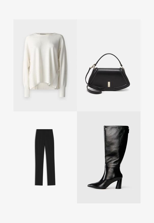 Weißer Pullover mit lässiger Passform, gerippter Textur am Saum und den Ärmeln sowie dekorativen Knöpfen an der Seite. Weicher Stoff, runder Ausschnitt.; Schwarze maßgeschneiderte Hose mit geradem Bein, ausgestattet mit Fronttaschen und einem glatten, strukturierten Stoff. Saubere, minimale Details.; Knöchelhohe schwarze Lederstiefel mit einer spitzen Zehe, glatter Oberfläche und einem klobigen Absatz. Verfügt über einen Reißverschluss hinten.; Schwarze Lederhandtasche mit einem strukturierten Design, das eine verkürzte Form, einen oberen Griff und goldfarbene Hardware-Details aufweist. Verstellbarer Schulterriemen ist enthalten.