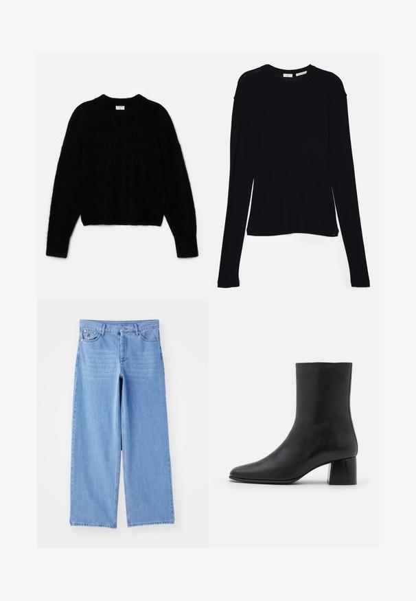 Suéter negro corto hecho de material esponjoso. Presenta un cuello redondo y mangas largas con una textura suave. Diseño minimalista, sin patrones.; Camiseta negra de manga larga hecha de tela suave, con un escote redondo y un corte relajado, con aberturas en los laterales del dobladillo para facilitar el movimiento.; Jeans de pierna ancha de color azul claro, confeccionados en denim, con un diseño clásico de cinco bolsillos y cierre de botón. Textura suave, dobladillo deshilachado.; Botín negro de cuero hasta el tobillo con punta afilada y un tacón cuadrado y grueso. Textura suave con un diseño sin costuras y un estilo minimalista en las costuras.