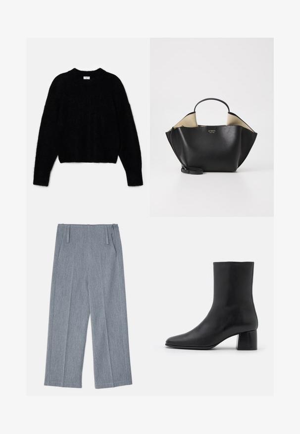 Črn skrajšan pulover iz puhastega materiala. Ima okroglo izrez in dolge rokave z mehko teksturo. Minimalističen dizajn, brez vzorcev.; Svetlo sivi, široki hlače iz teksturirane tkanine, ki imajo dve sprednji gubi in že dva stranska žepa. Čist, prilagojen dizajn.; Črne usnjene gležnjarje s koničastim nosom in masivnim kvadratnim peto. Gladka tekstura z brezšivnim dizajnom in minimalnim šivanjem.; Ree Projects ANN TOTE MINI - Torbica - black