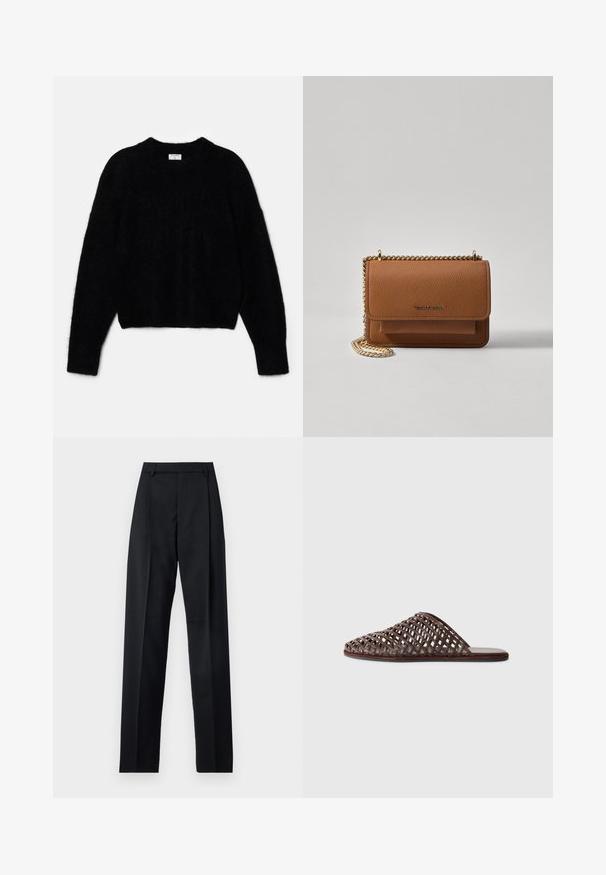 Zwarte cropped trui van pluizig materiaal. Heeft een ronde halslijn en lange mouwen met een zachte textuur. Minimalistisch ontwerp, zonder patronen.; Zwarte broek gemaakt van gladde stof met een hoge taille, wijde benen, voorplooien en klassieke ceintuurlussen. Geen zijzakken zichtbaar.; Bruine geweven slider-sandaal met een ronde neus, open ontwerp, platte zool en een textuur. Lichtgewicht materiaal en een minimalistische silhouette.; Bruine lederen schoudertas met textuur, voorzien van een gouden kettingstrap en klepsluiting. De voorkant heeft een logo-detail en een zak onder de klep.