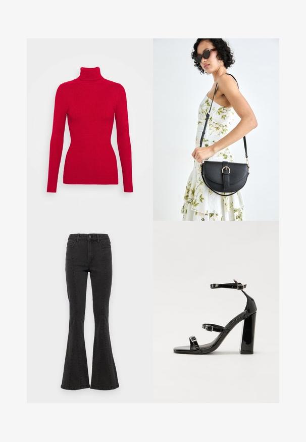 Crvena rebrasta rolka s dugim rukavima, teksturirana tkanina, uski kroj i visoki okovratnik. Bez vidljivih ukrasa.; Crne traperice s čarape i visokim strukom, s bočnim šavovima i čistim rubom. Tkanina ima glatku teksturu s blagim rastezanjem.; Crne lakirane sandale na visoku petu s dva remena s kopčama, kvadratnim vrhom i masivnom blok petom, s glatkom, sjajnom teksturom.; Crna kožna torba s lukovitim oblikom, odvojivim remenom i zlatnim detaljima. Torba ima preklop s kopčom.