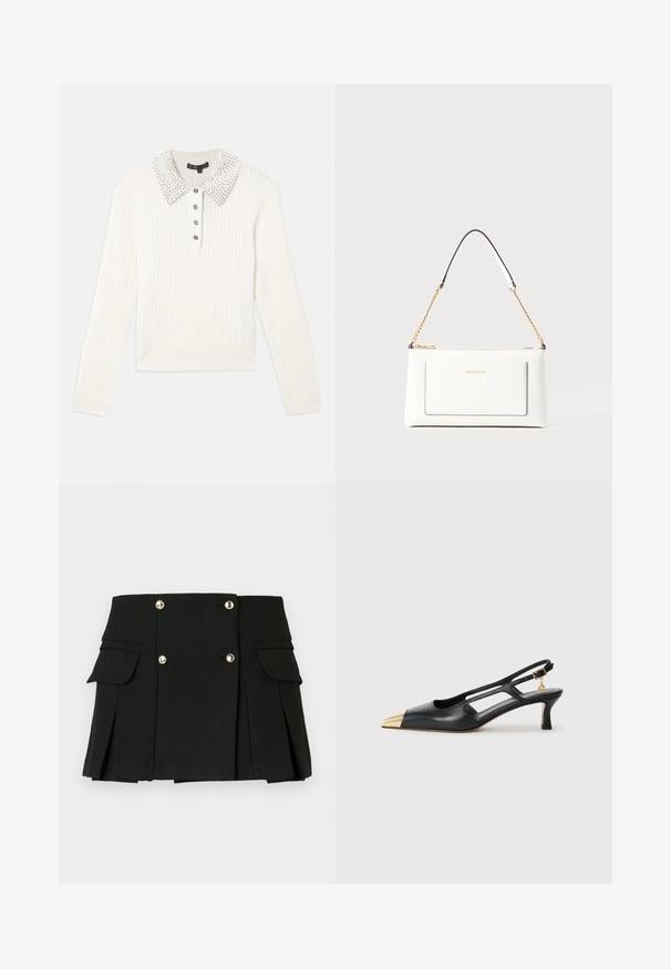 Maglione a maniche lunghe in maglia bianca con colletto tempestato di perle e quattro bottoni decorativi neri sulla patta anteriore.; Minigonna plissettata nera in tessuto testurizzato, con due tasche frontali e dettagli con bottoni dorati.; Scarpe slingback in pelle nera con punta affusolata e tacco metallico dorato. Presentano un design con ritagli e un tacco sottile con cinturino regolabile.; Borsa a tracolla bianca in pelle con un finish testurizzato, dotata di una tracolla in catena dorata e accenti neri. Include una tasca frontale e una chiusura con zip.