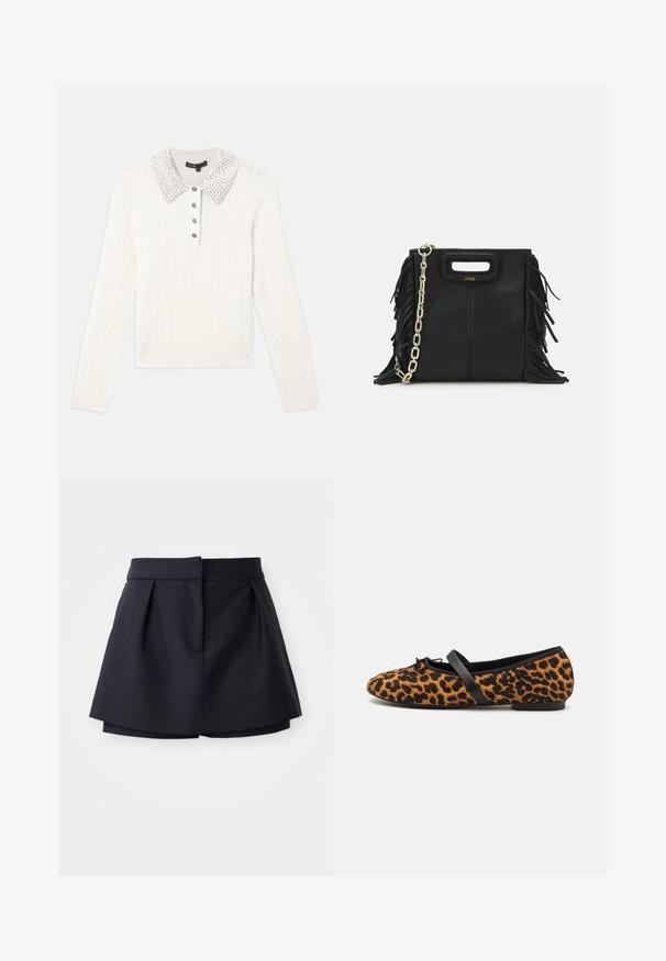 Maglione a maniche lunghe in maglia bianca con colletto tempestato di perle e quattro bottoni decorativi neri sulla patta anteriore.; Pantaloni corti plissettati di colore blu navy con vita alta, realizzati in tessuto liscio. Presentano un design aderente e una tasca frontale nascosta.; Ballerine in stampa leopardata con dettagli neri, caratterizzate da una punta arrotondata, una suola piatta e un fiocco decorativo sulla parte anteriore. Texture morbida.; Borsa a tracolla in pelle nera con dettagli a frangia, catena dorata e manico ritagliato. Presenta il logo sulla parte anteriore.