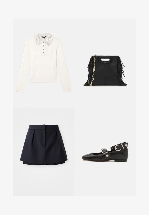 Biały sweter z długim rękawem o splocie w warkocz, z kołnierzem ozdobionym perłami i czterema czarnymi guzikami dekoracyjnymi na przodzie.; Granatowe szorty z plisami o wysokim stanie, wykonane z gładkiej tkaniny. Charakteryzują się dopasowanym krojem i ukrytą przednią kieszenią.; Czarne lakierowane baleriny z kwadratowym noskiem, z paskiem na kostkę z metalowymi elementami w kolorze srebrnym oraz płaską podeszwą. Gładka textura i minimalistyczny design.; Czarna skórzana torebka na ramię z frędzlami, złotym łańcuszkiem oraz wyciętym uchwytem. Posiada umieszczone na przodzie logo.