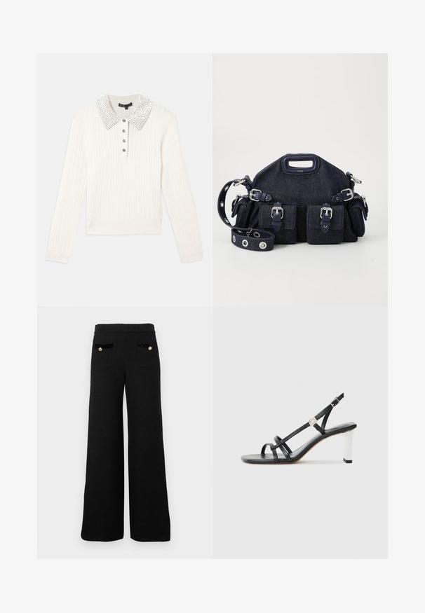 Bijela pletiva dugih rukava s ovratnikom ukrašenim biserima i četiri crna dekorativna gumba na prednjem dijelu.; Crne široke hlače od teksturiranog materijala, s dva prednja džepa i crnim baršunastim akcentima te zlatnim detaljima na gumbima.; Crne sandale na visokoj potpetici s više uskih trakica, dizajnom s remenom oko pete i srebrnim detaljem na potpetici. Glatki gornji materijal i kvadratna potpetica.; Tamno plava traper torba zaobljenog oblika, s višestrukim vanjskim džepovima, podesivim remenom i srebrnim hardverskim detaljima. Uključena je i ručka na vrhu.