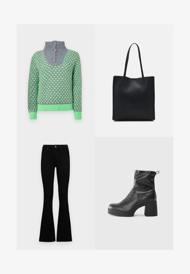 Gestrickter Pullover mit grauem, geripptem Kragen und fünf Knöpfen, grünem geometrischem Muster sowie grünen, gerippten Bündchen und Saum.; Schwarze hochtaillierte Jeans mit einem Knopf- und Reißverschluss, Fronttaschen und ausgestellten Beinen, flach auf einem weißen Hintergrund ausgelegt.; Schwarze Stiefeletten aus glattem Leder mit seitlichem Reißverschluss, klobigem strukturiertem Absatz und runder Zehenform.; Schwarze Laptoptasche aus Leder mit glatter Textur, rechteckiger Form und zwei langen Griffen. Keine sichtbaren Beschläge oder Verzierungen.