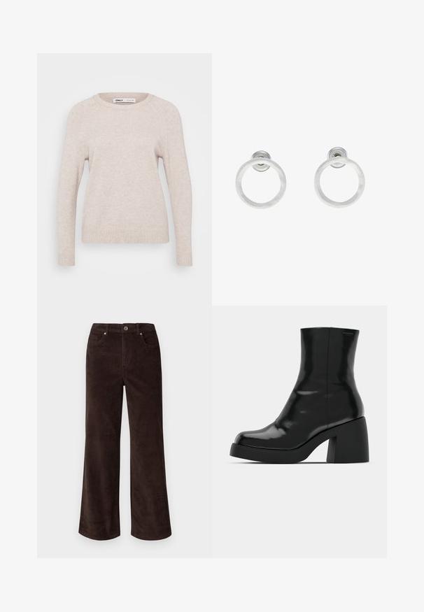 Light beige knitted sweater with long sleeves, round neckline, and ribbed hem. Soft texture, simple design, and no visible patterns or accents.; Vero Moda Petite VMTESSA PANTS - Trousers - chocolate torte; Black ankle boots with a glossy finish, square toe, and a thick block heel. The design features a seamless silhouette and minimal branding.; Silver metal hoop earrings with a brushed texture, featuring a circular design and a clear post back for secure wear.