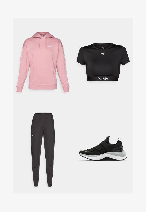 Hanorac roz dintr-un material moale, dotat cu un buzunar tip kangur, glugă cu șnur și logo-ul alb Puma pe piept și pe mâneci.; Tricou scurt negru dintr-un material neted, cu guler rotund, mâneci scurte și un logo PUMA alb pe bandă.; Leggings atletice negre, fabricate dintr-un material elastic, cu un talie înaltă, buzunare laterale și un mic logo reflectorizant pe coapsa stângă.; Pantof de sport negru cu un upper texturat, curele elastice și o talpă intermediară groasă albă. Are un accent gri pe lungimea tălpii.