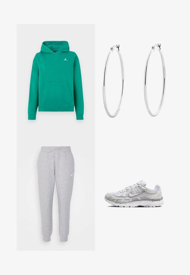 Zelená mikina s kapucňou vyrobená z mäkkej tkaniny, s klokaním vreckom a rebrovanými manžetami. Malé biele logo Jumpman na hrudi. Klasický voľný strih.; Svetlosivé tepláky s nastaviteľným pásom, zúženými nohavicami a malým bielym logom na ľavom stehne. Vyrobené z mäkkej, štruktúrovanej tkaniny.; Svetlo šedé športové topánky s vrchom z ďalekého a syntetického materiálu, so šnurovacím uzáverom, polstrovaným golierom a štruktúrovanou podrážkou pre lepšiu priľnavosť.; Strieborné kruhové náušnice s hladkým, lesklým povrchom a tenkým, kruhovým tvarom. Dizajn obsahuje bezpečné zapínanie.