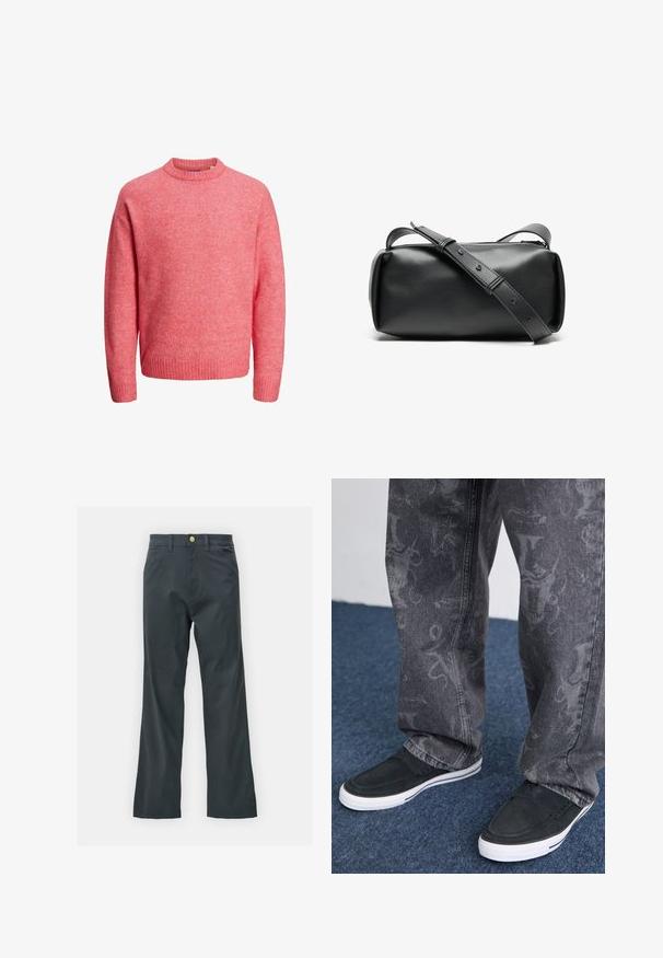 Maglione rosa chiaro a girocollo con maniche lunghe e polsini e orlo a costine, esposto su sfondo bianco.; Pantaloni neri con taglio dritto, realizzati in tessuto misto cotone. Presentano una chiusura con bottone metallico e tasche laterali. Nessun motivo visibile.; Scarpe nere senza lacci con suola bianca, con texture, abbinate a jeans grigi con un sottile motivo a design, su uno sfondo di tappeto blu.; Borsa a tracolla nera in pelle con forma cilindrica, chiusura con zip e tracolla regolabile. Texture liscia con dettagli di design minimalisti.