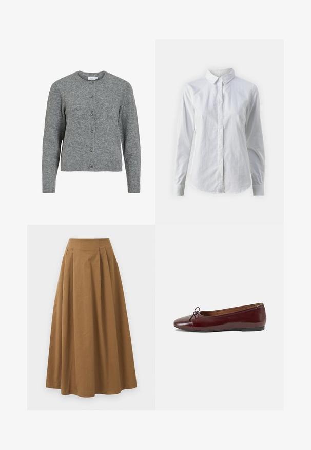 Šedý vlnený kardigán s okrúhlym výstrihom, dlhými rukávmi a šiestimi dekoratívnymi striebornými gombíkmi na prednej strane. Mäkka textúra, minimalistický dizajn.; Biela košeľa s gombíkmi vyrobená z hladkej bavlny, s klasickým golierom, dlhými rukávmi a zakriveným lemom. Gombíky sú malé a biele.; Hnedá bavlnená sukňa A-línie s vysokým pásom, so skladmi vpredu a hladkou textúrou. Hranice sú čisté a jednoduché.; Burgundské lakované balerínky s okrúhlou špičkou, malou mašľou na prednej strane a nízkou čiernou gumovou podrážkou. Hladký povrch.