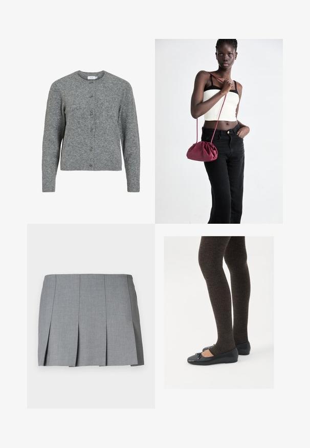 Pilkas vilnonis kardiganas su apvaliu kaklu, ilgomis rankovėmis ir šešiais dekoratyviais sidabrinės spalvos mygtukais priekyje. Minkšta tekstūra, minimalus dizainas.; Pilka plisuota sijonas, pasižymintis lygiu paviršiumi, struktūrine forma ir prigludusia juosmens linija. Pagamintas iš lengvos medžiagos su švelniu raštu.; Juodos plokščios bateliai su maža kaspinėlio detale prie pirštų, derinami su tamsiai rudos spalvos raukšlėtomis pėdkelnėmis. Bateliai turi lygų paviršių ir žemą profilį.; Bordo minkštas audinys rankinukas su susiraukšlėjimu ir ilgu dirželiu, dėvimas per kūną. Modelis vilki baltą trumpą palaidinę ir juodas džinsus.