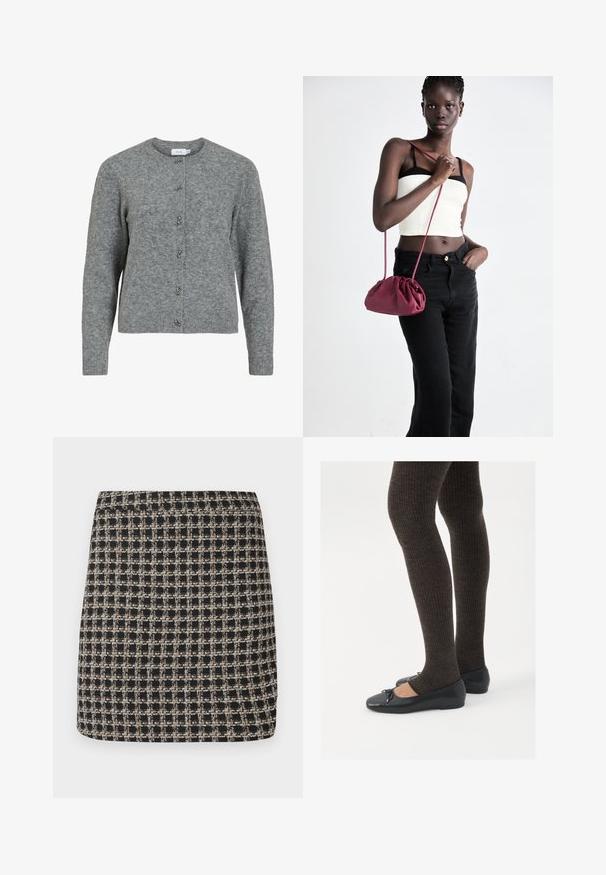 Pilkas vilnonis kardiganas su apvaliu kaklu, ilgomis rankovėmis ir šešiais dekoratyviais sidabrinės spalvos mygtukais priekyje. Minkšta tekstūra, minimalus dizainas.; Juodas ir kreminis languotas mini sijonas su tekstūruotu audiniu ir lygiu juosmeniu, pasižymintis struktūrizuotu siluetu ir paprastu dizainu.; Juodos plokščios bateliai su maža kaspinėlio detale prie pirštų, derinami su tamsiai rudos spalvos raukšlėtomis pėdkelnėmis. Bateliai turi lygų paviršių ir žemą profilį.; Bordo minkštas audinys rankinukas su susiraukšlėjimu ir ilgu dirželiu, dėvimas per kūną. Modelis vilki baltą trumpą palaidinę ir juodas džinsus.
