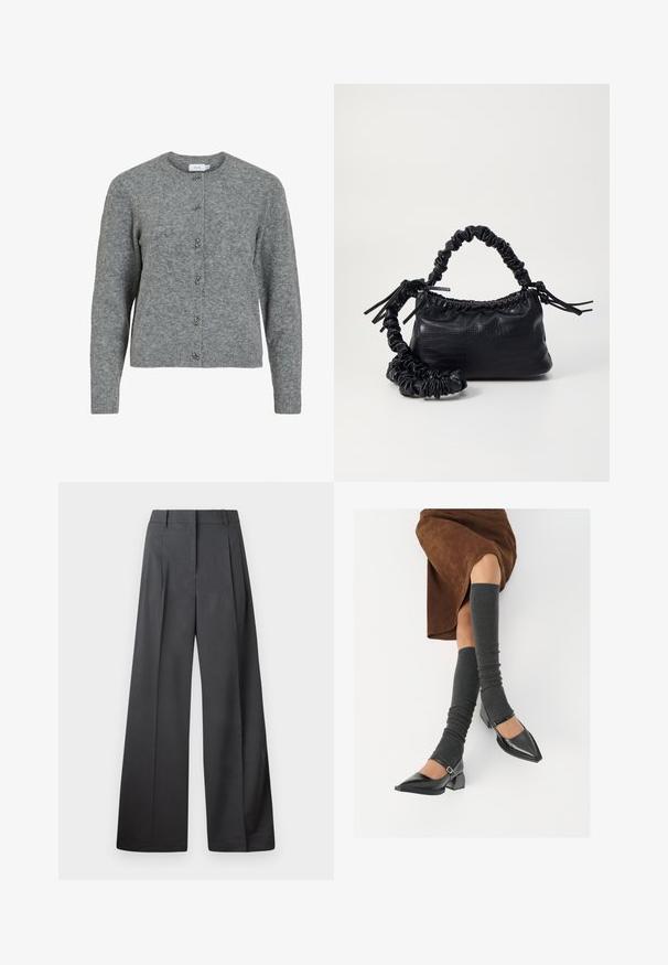 Gray wool cardigan featuring a round neck, long sleeves, and six decorative silver-tone buttons down the front. Soft texture, minimal design.; Wide-leg trousers in dark gray fabric, featuring a high waist, single pleats, and a smooth texture with a clean finish at the hems.; Black patent leather pointed-toe shoes with a block heel and ankle strap, paired with gray ribbed leg warmers and a brown suede skirt.; Black faux leather handbag with a crocodile texture, cinched top, and a scrunched strap. Appears soft and compact in design.
