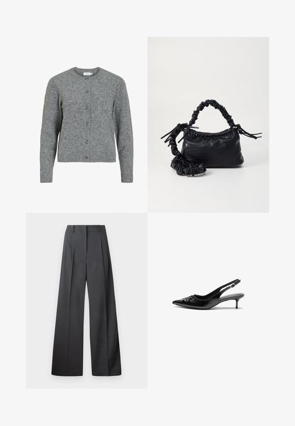 Sivi vuneni kardigan s okruglim ovratnikom, dugim rukavima i šest dekorativnih dugmadi srebrne boje na prednjem dijelu. Mekana tekstura, minimalistički dizajn.; Hlače širokih nogavica u tamnosivoj tkanini, s visokim strukom, jednim naborom i glatkom teksturom s urednim završetkom na rubovima.; Crne kožne sandale na petu s ikkrenim nosom, malom kitten petom i dekorativnom mašnom sprijeda. Glatka tekstura svuda.; Crna torba od umjetne kože s teksturom krokodila, s cinčanim vrhom i naboranom trakom. Izgleda mekano i kompaktno u dizajnu.