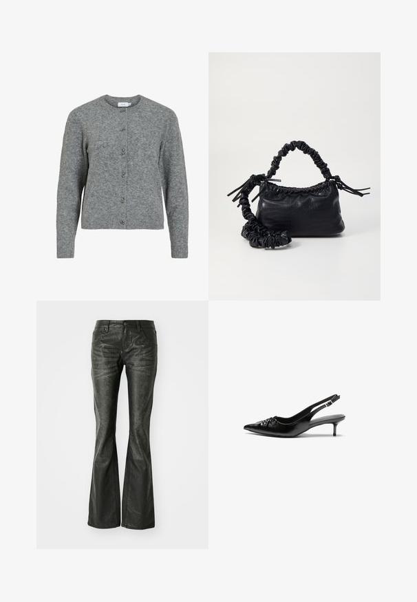Grå ullkofta med rund hals, långa ärmar och sex dekorativa knappar i silverfärg framtill. Mjuk textur, minimalistisk design.; Svarta imitation läder flare jeans med framfickor, metallknappstängning och en lätt strukturerad yta. Raka ben med lång skärning.; Svarta läder slingback klackar med spetsig tå, liten kittenklack och en dekorativ knutdetalj på framsidan. Slät textur hela vägen.; Svart faux läderhandväska med krokodiltextur, snodd topp och en skrämd rem. Ser mjuk och kompakt ut i designen.
