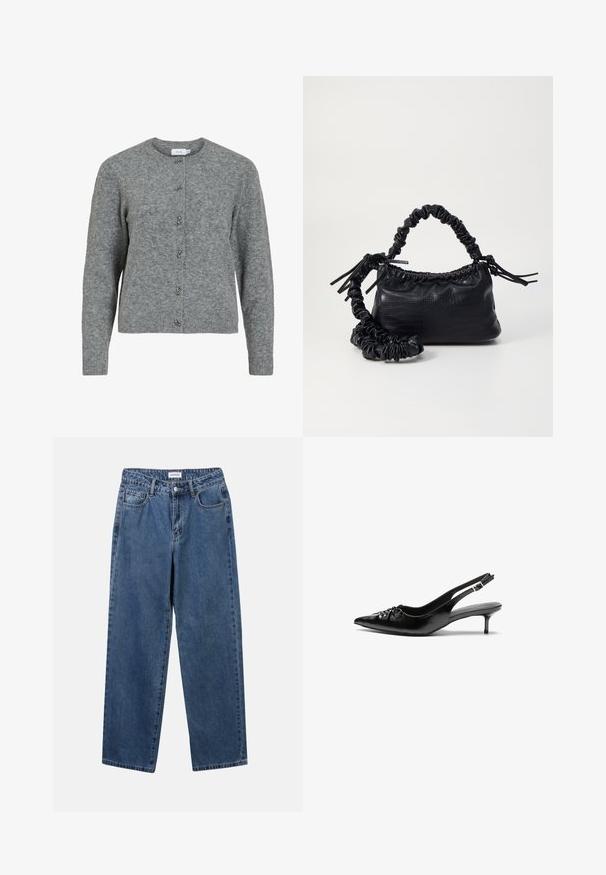 Cardigan in lana grigia con collo rotondo, maniche lunghe e sei bottoni decorativi in metallo color argento sul davanti. Tessuto morbido, design minimale.; Jeans in denim blu classico con design a gamba dritta, cinque tasche e chiusura con bottone. Presentano un lavaggio medio e una trama robusta.; Tacchi slingback in pelle nera con punta affusolata, piccolo tacco kitten e un dettaglio a nodo decorativo sulla parte anteriore. Texture liscia su tutta la superficie.; Borsa a tracolla in ecopelle nera con texture a coccodrillo, apertura cinchata e tracolla arricciata. Si presenta con un design morbido e compatto.