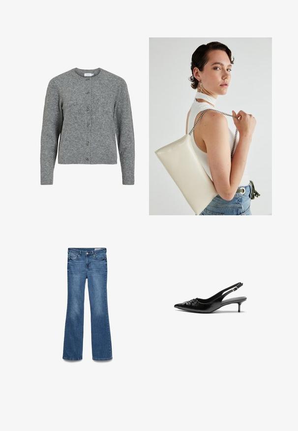 Šedý vlnený kardigán s okrúhlym výstrihom, dlhými rukávmi a šiestimi dekoratívnymi striebornými gombíkmi na prednej strane. Mäkka textúra, minimalistický dizajn.; Modré denimové zvonové džínsy so stredne vysokým pásom, dvoma prednými vreckami a prešitým pásom. Mäkka textúra a tradičný dizajn s piatimi vreckami.; Čierne kožené slingback podpätky s ostrou špičkou, malým podpatkom a dekoratívnym uzlom vpredu. Hladký povrch po celom obvode.; Biely obdĺžnikový kabelka z lesklého materiálu s strieborným reťazovým popruhom. Model predvádza kabelku na jednotnom pozadí.