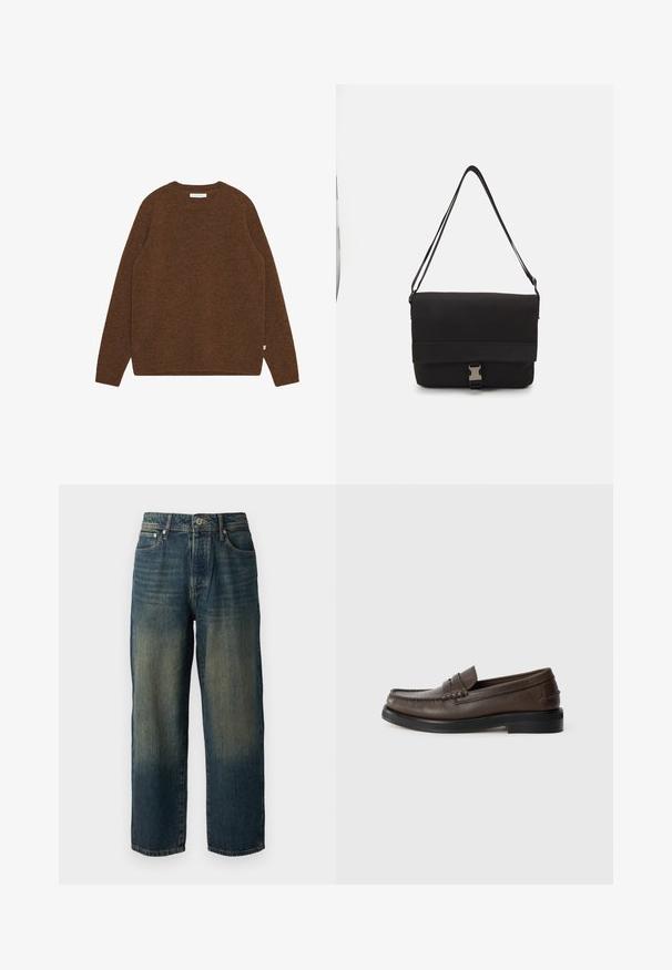 Hnědý vlněný svetr s kulatým výstřihem, žebrovanými manžetami a lemem. Měkká textura, klasický design s minimálním brandingem na lemu.; Modré džínové kalhoty s rovný střih, s vybledlým designem a světlejšími odstíny směrem k lemu, pěti kapsami a knoflíkovým zapínáním.; Kožená hnědá mokasína s prošitým detailem na špičce, plochou podrážkou a nízkým vrstevnatým podpatkem. Hladká textura s minimalistickými designovými prvky.; Černá messenger taška vyrobená z hladkého materiálu, s překlopným víkem, stříbrnými sponkami a nastavitelným ramenním popruhem.