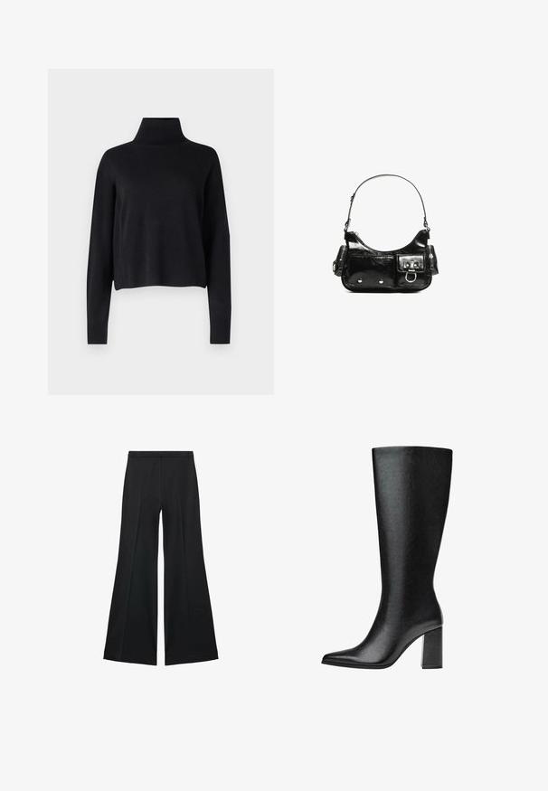Samsøe Samsøe NOLA TURTLENECK - Vesta - black; Crne široke hlače s glatkom teksturom, koje imaju prednje nabore i kroj po mjeri. Tkanina je lagana i lepršava.; Crne čizme do koljena napravljene od umjetne kože s šiljastim vrhom, glatkom teksturom i debelom blok petom. Minimalistički dizajn bez vidljivih akcenata.; Crna patentna kožna torba s zakrivljenim oblikom, jednim remenom za rame, prednjim džepovima i akcentima od srebrnog tona.