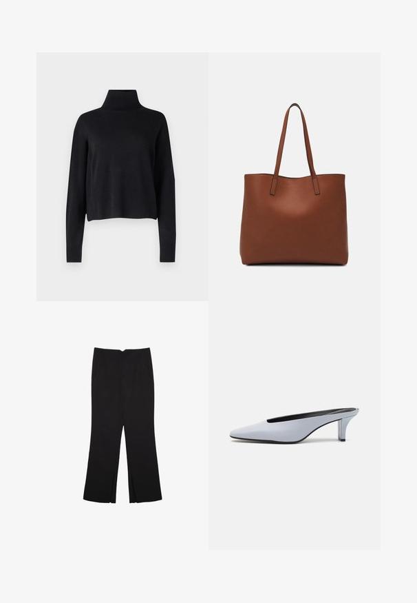 Samsøe Samsøe NOLA TURTLENECK - Svetr - black; Černé kalhoty s rovným střihem, s předními kapsami a bočními rozparky na lemu. Vyrobené z jemné, hladké tkaniny. Vhodné na různé příležitosti.; Světle modrý lakovaný kožený mule s špičatou špičkou, nízkým transparentním podpatkem a štíhlým designem s výřezem na nártu.; Hnědá kožená taška přes rameno s hladkou texturou, otevřeným designem a dvěma ramenními popruhy. Obsahuje minimální švy a žádné viditelné kovové prvky.