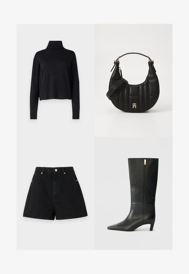 Samsøe Samsøe NOLA TURTLENECK - Jumper - black; Black denim shorts with a high waist, five pockets, silver hardware, and a standard fit, featuring a smooth texture and clean finishing.; Black leather knee-high boot with a pointed toe and a small heel. Features a sleek design with a gold accent detail. Smooth texture.; Black leather handbag with a curved shape, quilted texture, and gold hardware. Features a detachable shoulder strap and logo detail.