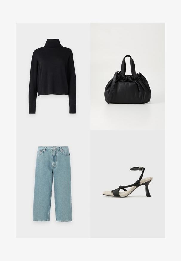 Samsøe Samsøe NOLA TURTLENECK - Camisola - black; Shorts de denim azul claro com cintura alta, corte reto e bainha desfiada. Apresenta um fecho clássico de botão e zipper, além de quatro bolsos.; Sandal com salto alto preto e design de tiras trançadas, bico quadrado e tira de tornozelo ajustável. Sola em tom bege claro com um salto preto brilhante.; Bolsa de couro preta com um design de topo franzido, apresentando duas alças curtas e uma alça longa ajustável. Textura suave, formato arredondado.