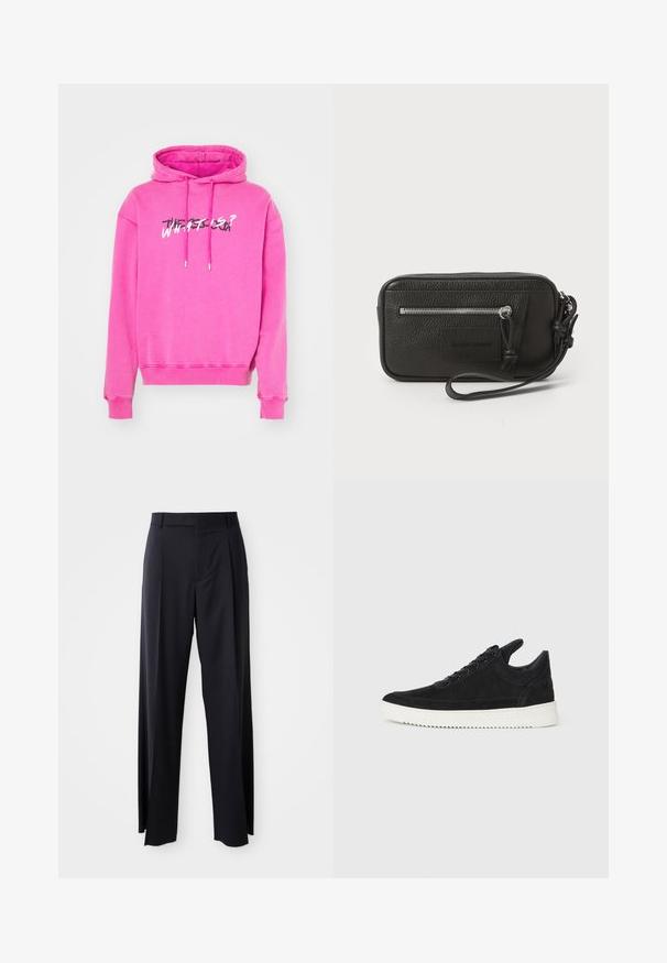 Sudadera rosa con capucha ajustable, puños acanalados y un estampado gráfico que dice "¿QUÉ ES?" en colores contrastantes en la parte delantera.; Pantalones negros de tiro alto con corte de pierna ancha, confeccionados en una tela suave. Presenta pliegues en la parte delantera y trabillas para cinturón. Diseño minimalista, sin hardware visible.; Zapatilla de ante negra con suela de goma blanca, que presenta costuras en el mismo tono y un diseño de cordones. Textura suave con una forma moderna y aerodinámica.; Clutch de cuero negro con superficie texturizada, bolsillo delantero con cremallera y correa de muñeca desmontable. Presenta una etiqueta de logo en el frontal. Forma rectangular.