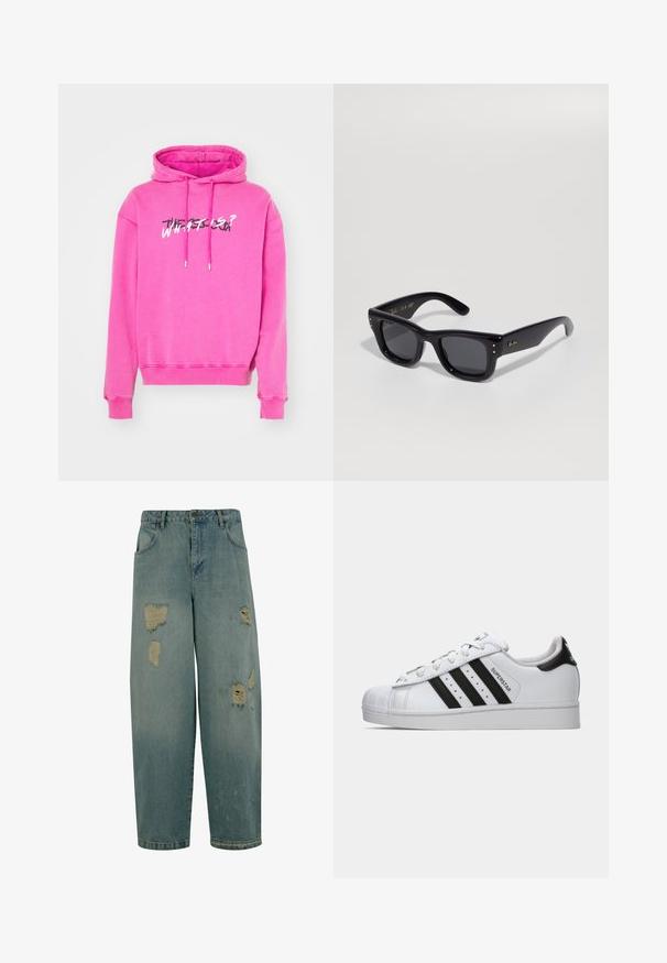 Pink hoodie featuring a drawstring hood, ribbed cuffs, and a graphic print that reads "WHAT IS?" in contrasting colors on the front.; Light blue denim jeans with a relaxed fit, featuring multiple distressed patches and frayed edges. Classic five-pocket design.; White Adidas Superstar sneaker with black stripes, shell toe, and "Superstar" text on the side, shown in left profile on white background.; Black sunglasses with a glossy finish, rectangular frame, dark lenses, and gold logo accents on the temples. Two gold dots on each front corner.
