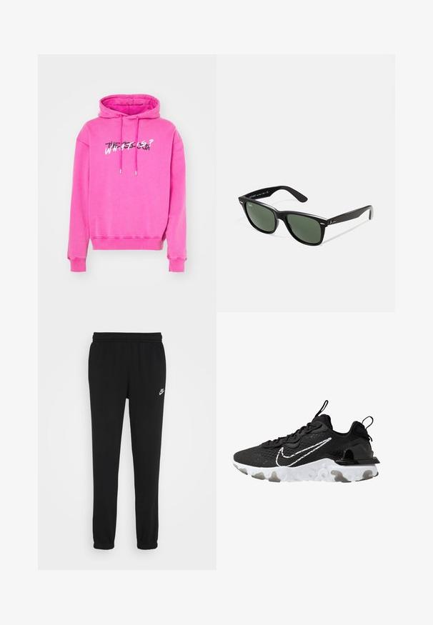Pink hoodie featuring a drawstring hood, ribbed cuffs, and a graphic print that reads "WHAT IS?" in contrasting colors on the front.; Black sweatpants with an elastic waistband, cuffed ankles, and a small white Nike logo on the left side. Made from soft textured fabric.; Black athletic shoe with a textured fabric upper, white Nike swoosh, and thick white sole. Features a pull tab on the heel for easy wear.; Black plastic sunglasses with green lenses, square frames, silver accent on the brow, and textured temple arms. Stated brand on inner arm.