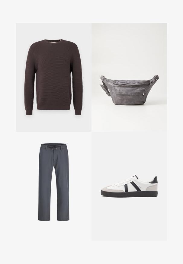 Dark brown ribbed knit crewneck sweater with long sleeves and fitted cuffs.; Gray, elastic waistband pants with a drawstring. Straight leg design, made from smooth fabric, feature minimal stitching and no visible hardware.; White sneaker with black and gray accents, featuring a textured gray toe cap, black rubber sole, and flat white laces. Clean design, minimalist style.; Gray suede fanny pack with a rounded shape, two zippered compartments, and adjustable strap. Features metal hardware accents.
