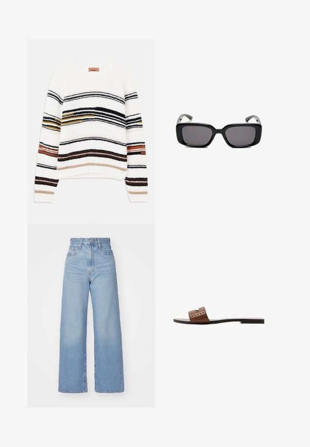 Krämfärgad tröja med horisontella ränder i svart, guld, orange och brunt. Tillverkad av ett mjukt, strukturerat stickat material med rundad halsringning.; Ljusblå högmidjade vida jeans med knapp- och dragkedjestängning, fram- och bakfickor, mot en vit bakgrund.; Bruna lädersandaler med platt sula, med en bred rem och vita geometriska detaljer för en minimalistisk design.; Svarta rektangulära solglasögon med mörka linser, slimmad plastbåge och böjda tempel. Designen är kraftig med en minimalistisk estetik.; Brun mockaläders toteväska med två långa remmar, dragsko-stängning och minimalistisk design. Slät textur och inga synliga metallaccenter.