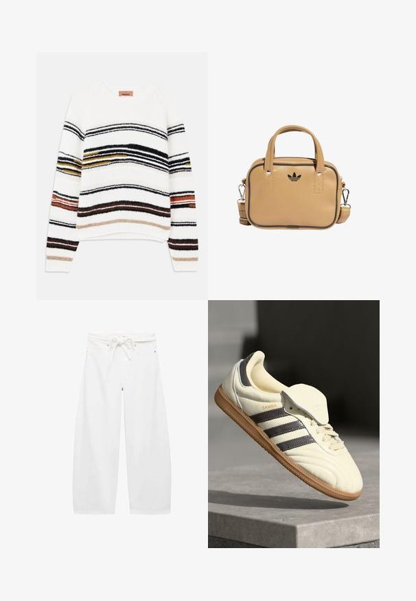 Crème sweater met horizontale strepen in zwart, goud, oranje en bruin. Gemaakt van een zachte, gestructureerde brei met een ronde halslijn.; Witte wijde broek van lichtgewicht stof, met een koord in de taille, twee voorzakken en eenvoudige metalen hardwareaccenten.; Crème leren sneaker met drie donkere strepen, een bruine gumrubberen zool en een ronde neus. Voorzien van een opvouwbare tong met het label "SAMBA."; Bruine vegan leren tas met twee handgrepen, een afneembare schouderriem, zwarte accentstiksels en een klein zwart logo aan de voorkant.