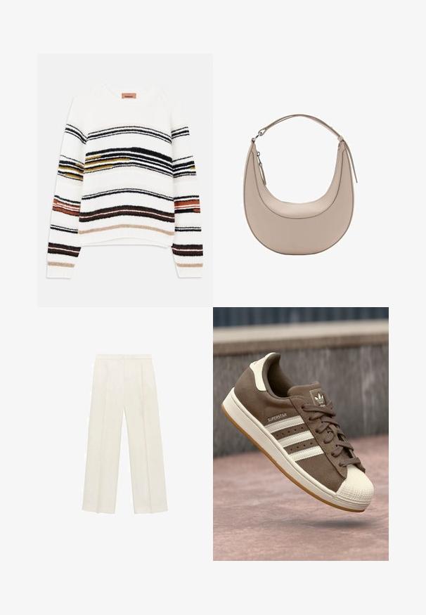 Pulover cremos cu dungi orizontale în negru, aurie, portocalie și maronie. Confeționat dintr-un tricot moale și texturat, cu guler rotund.; Pantaloni cu picioare largi, de culoare crem deschis. Realizați dintr-un material neted, cu plisuri în față și buzunare laterale.; Adidași din suede maro cu dungi albe, accente crem și vârf din cauciuc. Prezintă un design cu șireturi și o talpă din cauciuc texturată.; Geantă de umăr din piele bej, cu o formă de semilună, textură netedă și un singur mânere curbat. Dispune de o închidere cu fermoar și cusături bine realizate.