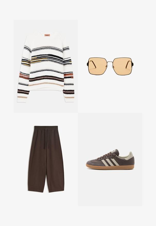 Maglione crema con righe orizzontali in nero, oro, arancione e marrone. Realizzato in un morbido filato testurizzato con scollo rotondo.; Pantaloni marroni a gamba larga realizzati in tessuto morbido, con elastico in vita e coulisse, dalla texture liscia e design pulito.; Sneaker in pelle marrone con tre strisce chiare, suola in gomma, punta arrotondata e dettagli in suede texture sul tallone e sulla punta.; Occhiali da sole quadrati con lenti marroni e una sottile montatura in metallo nero. Presentano tempie angolari e naselli regolabili per il massimo comfort.; Borsa a tracolla in paglia intrecciata con dettagli in pelle marrone, due manici e una tracolla removibile. Forma curva con una base solida.