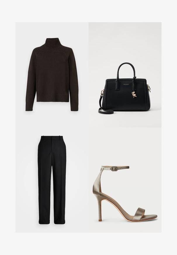 Musthave musternitrekki kaelusega must kampsun, millel on soonik aktsendid kaeluses, varrukates ja alläärtes; omab vabalt langevat lõiget ja tekstuurset pinda.; Polo Ralph Lauren HIGH RISE RELAXED STRAIGHT TROUSER - Püksid - black; Hõbe satäänist kõrge kontsaga sandaalid, millel on pahkluu rihm ja dekoratiivne pandlaelement. Avatud varvas ja peen, voolujooneline disain.; Musta nahast käekott struktureeritud disainiga, kahekordsete ülemiste käepidemetega, eemaldatav õlavööt, kuldne riistvara ja logotäht aktsent.