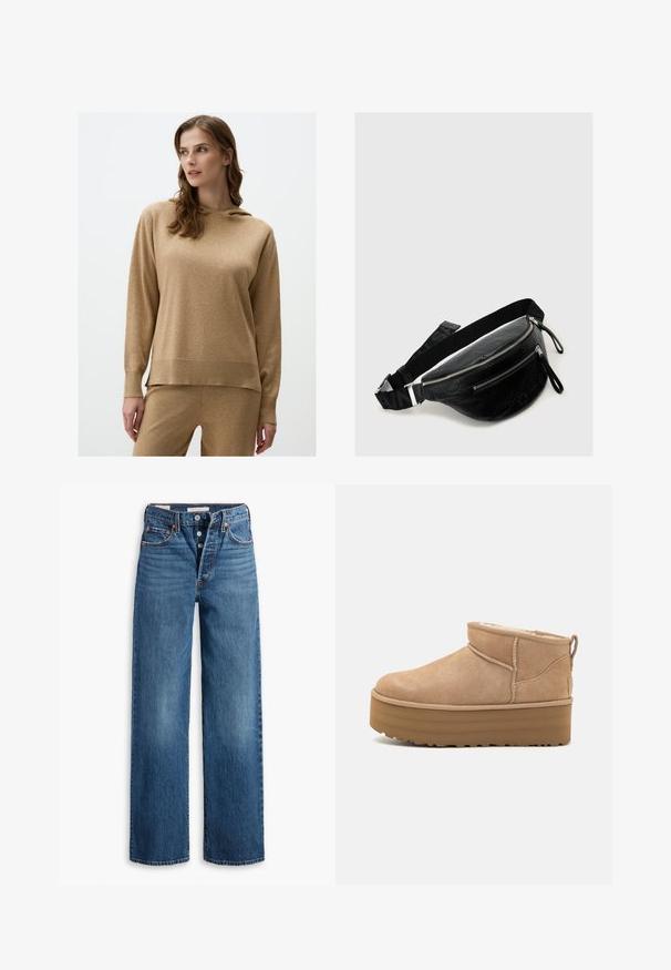 Brown hoodie made of soft, textured fabric. Features a drawstring hood, long sleeves, and ribbed cuffs. Simple, casual design.; Blue denim jeans with a wide-leg design, five pockets, button fly, and contrasting stitching. Textured fabric with a faded finish.; Beige suede ankle boots with a plush interior, featuring a platform sole and a pull tab at the back for easy wear. Textured rubber outsole.; Black leather fanny pack with dual zippered compartments, textured surface, adjustable strap, and silver hardware accents.