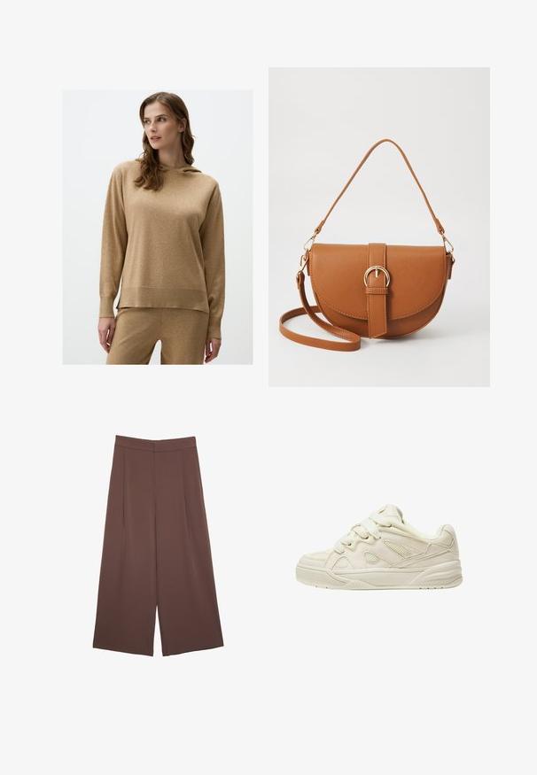 Hoodie marron en tissu doux et texturé. Il dispose d'une capuche avec cordon de serrage, de manches longues et de poignets côtelés. Design simple et décontracté.; Pantalons larges marron avec une texture lisse, dotés d'une taille haute et de plis à l'avant. Le tissu est léger et tombe de manière fluide.; Baskets beiges avec une tige texturée, des lacets proéminents, des panneaux en maille et une semelle épaisse. Design courbé avec un col rembourré pour le confort.; Sac bandoulière en cuir marron avec une forme incurvée, quincaillerie dorée et un accent en boucle. Comprend une bandoulière détachable.