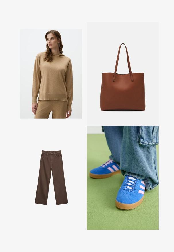 Hoodie marron en tissu doux et texturé. Il dispose d'une capuche avec cordon de serrage, de manches longues et de poignets côtelés. Design simple et décontracté.; Jean brown à jambes larges en denim, doté d'une taille haute, de poches avant et d'une fermeture à bouton classique. Texture lisse avec des coutures subtiles.; Des chaussures en daim bleu avec des rayures roses et des lacets blancs, dotées d'une semelle en caoutchouc gomme, assorties à un pantalon en denim ample sur une surface verte.; Sac fourre-tout en cuir marron avec une texture lisse, design à ouverture supérieure et deux poignées pour le porter à l'épaule. Présente des coutures minimales et aucun matériel visible.