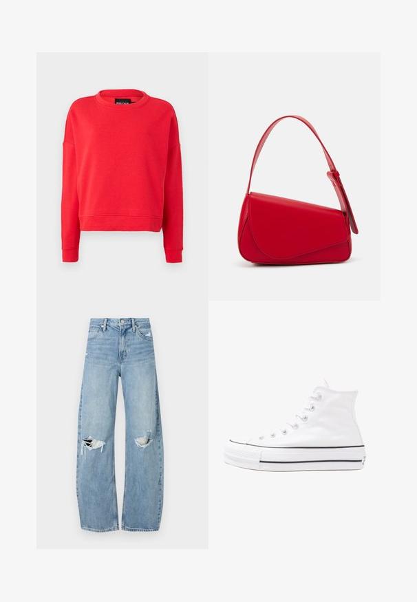 Sweatshirt vermelho com decote redondo, mangas longas e design curto. Feito de material suave com uma textura lisa. Simplicidade clássica.; Jeans de lavagem clara, de cintura alta, feitos de denim. Apresentam pernas largas, duas áreas rasgadas nos joelhos e o estilo clássico de cinco bolsos.; Sapatilha alta de tela branca com sola de borracha preta, bico de borracha na frente e seis ilhós para os atacadores, apresentando um design limpo e minimalista.; Bolsa de mão em couro vermelho com um design angular e geométrico. Apresenta uma única alça ajustável e um fecho com aba, com detalhes cosidos.