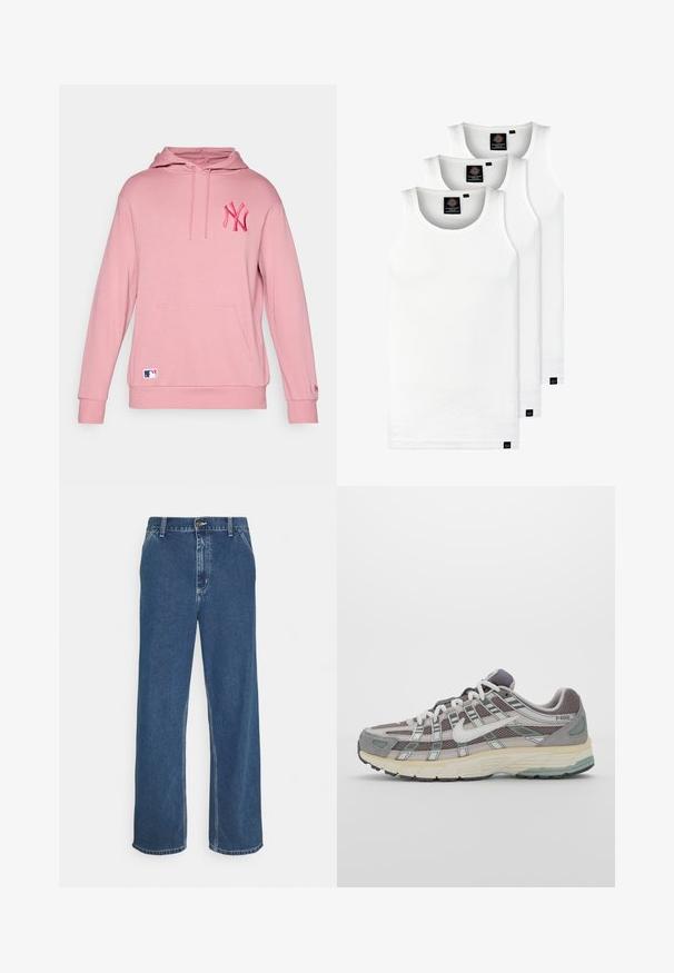 Rosa hettegenser med kengurulomme og ribbestrikkede mansjetter, med et brodert NY-logo på brystet og et lite MLB-logo på bunnen.; Tre hvite ribbestrikkede tank topper laget av bomull. Har en rund hals og små svarte etiketter nær kanten. Tilgjengelig i flere størrelser.; Blå denimjeans med rett snitt, fem-lomme design, metallknapp-lukking og synlig søm langs sømmer og kant.; Grå treningssko med overdel i nett og semsket skinn, hvite detaljer, en polstret såle, og et særpreget design med reflekterende elementer.