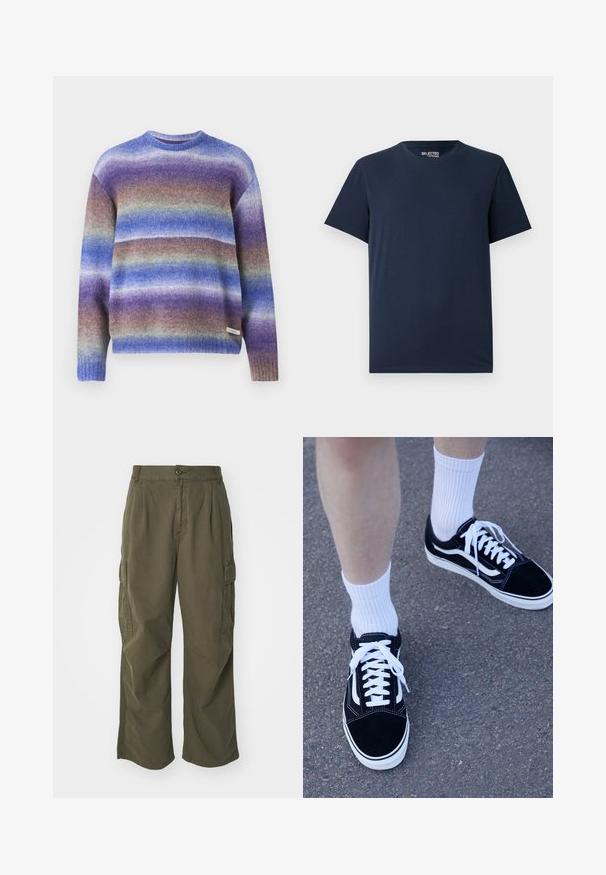 Vilnas džemperis ar apaļo kaklu un garām piedurknēm, ar pakāpenisku ombre rakstu purpura, zilā un zaļā toņos. Ribu aproces.; Jūras zila kokvilnas T-kreklu ar apaļu kakla izgriezumu un īsām piedurknēm. Iezīmē vienkāršu dizainu bez rakstiem vai rotājumiem.; Olīvu zaļas kravas bikses, izgatavotas no kokvilnas, ar platām kājām, ar krokām un sānu kabatām funkcionālitātes nolūkos.; Melnas zamšas tenisa apavus ar baltajiem akcentiem un šņorēm, kombinētas ar baltajām riboto apavu zeķēm, novietotas uz teksturētas pelēkas virsmas.