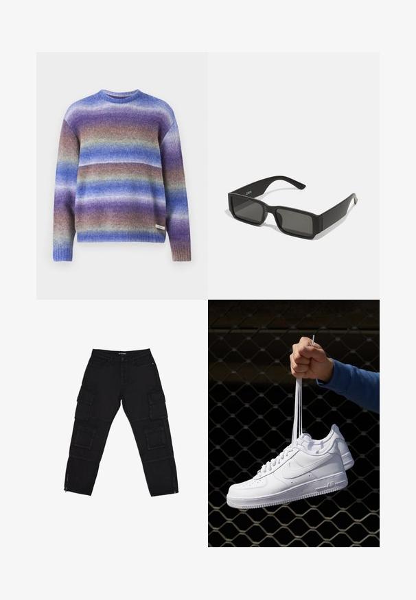 Maglione in lana con collo a giro e maniche lunghe, caratterizzato da un motivo ombre graduale nei toni di viola, blu e verde. Polsini a coste.; Pantaloni cargo neri realizzati in tessuto resistente, con molteplici tasche cargo, caviglie con zip e gambe diritte con dettagli di cucitura discreti.; Sneakers in pelle bianca con perforazioni, punta rotonda, suola piatta e lacci spessi, con logo swoosh visibile e "AIR" sul tallone.; Occhiali da sole neri con lenti rettangolari, montatura in plastica opaca e bordi dritti. Presentano il logo del marchio sulla parte interna del braccio.