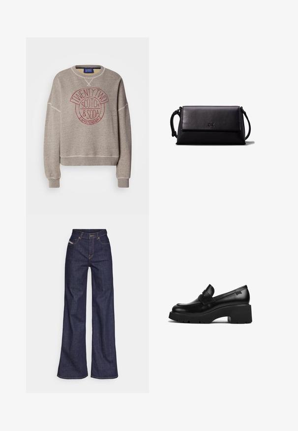 Harmaa collegepusero pehmeästä kankaasta, jossa pyöreä kaula-aukko. Siinä on pyöreä punainen painatus, jossa lukee "TWENTY TWO SCOTCH & SODA AMSTERDAM." Ribbireunat hihansuissa.; Tummansiniset leveälahkeiset farkut denimmateriaalista, joissa on korkea vyötärö. Niissä on oranssit tikkaus, viisi taskua ja napitus.; Musta nahkakengät, joissa on paksut korot ja paksu pohja, sekä nauhaysitys päällä, esitetty sivuprofiilista valkoista taustaa vasten.; Musta nahkainen clutch-laukku, jossa on suorakulmainen muoto, sileä pinta, litteä läpän sulkumekanismi ja pieni kahva sivussa. Mukana hienovarainen logo.