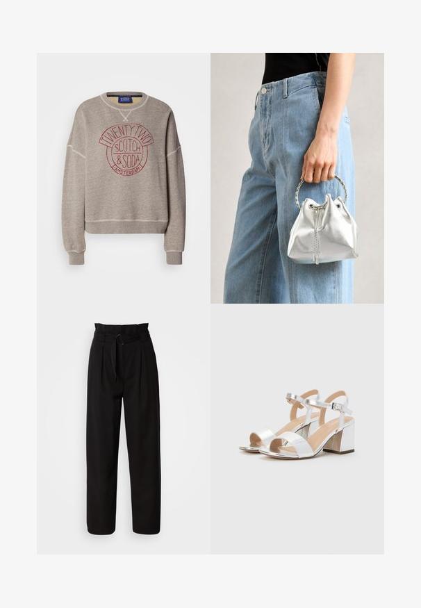 Hallhallane sweatshirt pehmest kangast ümmarguse kaelusega. Esiküljel on punane ümmargune trükk, millel on tekst "TWENTY TWO SCOTCH & SODA AMSTERDAM." Ribidega mansetid.; Mustad kõrge vöökohtadega püksid laia jala ja eesriidega, mis on varustatud kangast vööd ringikujulise pandlaga. Sujuv tekstuur ja kohandatud disain.; Hõbedased kõrged kontsad avatud varvastega, millel on kaks laia rihma ja ümar plokknina. Sile tekstuur metallikviimistlusega.; Metallik hõbedane ämbritask, millel on tekstuurne viimistlus, kaunistatud hõbeda ümmarguse käepideme ja tõmbluku sulgemisega, hoituna helesiniste teksade vastu.