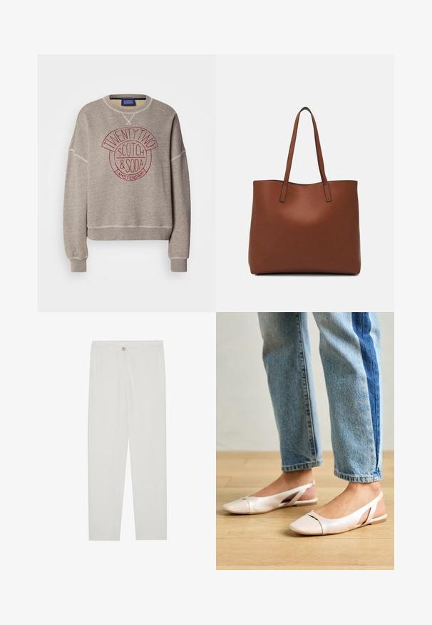 Gray sweatshirt in soft fabric with a crew neck. Features a circular red print stating "TWENTY TWO SCOTCH & SODA AMSTERDAM." Ribbed cuffs.; White, tailored trousers with a straight leg design, featuring a button closure, belt loops, and side pockets; smooth fabric texture.; Pale pink slingback flats with a pointed toe, made from a smooth leather-like material. Features cut-out details at the sides and a flat heel.; Brown leather tote bag with a smooth texture, open top design, and two shoulder straps. Features minimal stitching and no visible hardware.