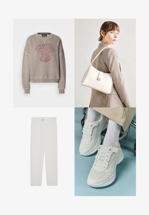 Grå hettegenser i myk stoff med rund hals. Har et sirkulært rødt trykk med teksten "TWENTY TWO SCOTCH & SODA AMSTERDAM." Ribbestrikkede mansjetter.; Hvite, skreddersydde bukser med rette ben, med knapplukking, beltehemper og sidelommer; glatt tekstur.; Hvite sneakers med mesh-materiale, gummisåle, snøret design uten laces og elastiske bånd, samt gulltone detaljer.; Hvit lær veske med en strukturert design, med magnetlås og skulderstropp, vist mot en nøytral bakgrunn.