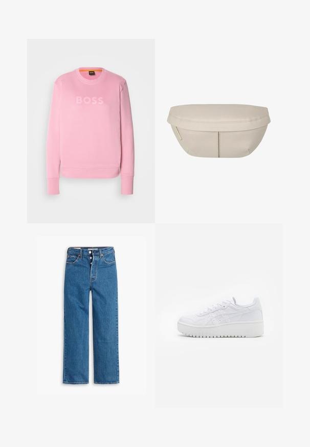 Różowa bluza z okrągłym dekoltem, ściągaczami przy rękawach i na dole. Na środku znajduje się logo "BOSS" w jaśniejszym odcieniu. Miękka faktura materiału.; Niebieskie dżinsy o prostym kroju i wysokim stanie, z pięcioma kieszeniami i zapięciem na guziki. Widoczne szwy i miedziowane nity.; Białe sneakersy na platformie o gładkiej skórzanej fakturze, z perforowanymi detalami i płaskimi sznurowadłami; mają grube białe gumowe podeszwy.; Beżowa torba o zaokrąglonym kształcie, z płaskim wierzchem i subtelnymi szwami. Zawiera minimalistyczne logo oraz boczny pasek.