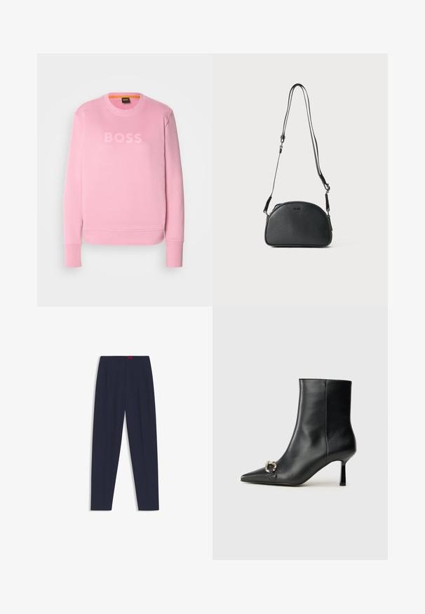 Felpa rosa con collo rotondo, polsini e orlo a coste. Presenta il logo "BOSS" in una tonalità più chiara al centro. Texture del tessuto morbida.; Pantaloni su misura blu navy con una texture liscia, dotati di pieghe frontali e tasche laterali. Design a gamba dritta e senza decorazioni visibili.; Stivale alla caviglia in pelle nera con punta affusolata, tacco sottile di media altezza e dettaglio in fibbia argentata sul lato, su sfondo semplice.; Borsa a tracolla in pelle nera di forma arrotondata, con due cinturini regolabili e un logo sottile sulla parte anteriore. Esterno testurizzato, design minimalista.
