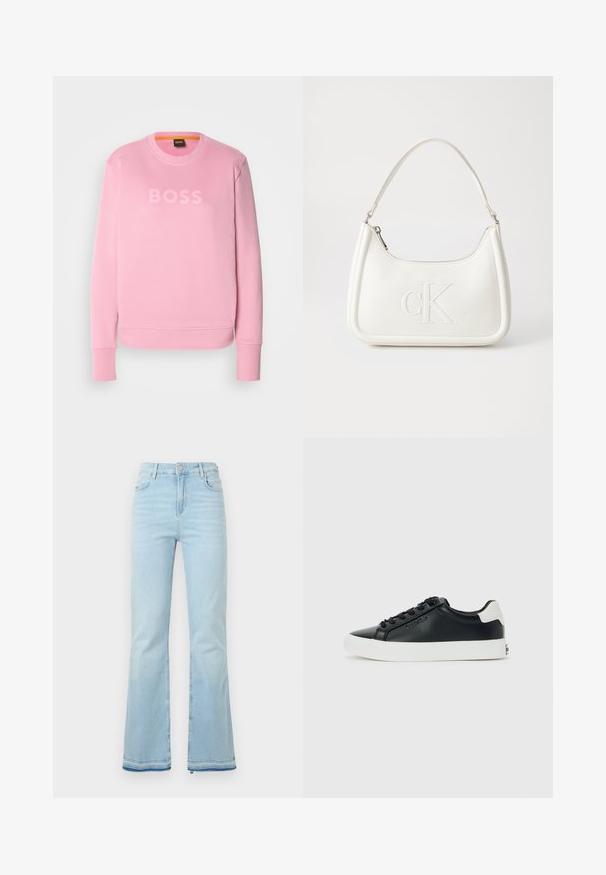 Rosa hettegenser med rund hals, ribbestrikkede mansjetter og kant. Har "BOSS" logo i en lysere nyanse i midten. Myk stofftekstur.; Lyseblå flagrende jeans laget av denim, med høy midje, frontlommer og rå kant ved mansjettene for et uformelt utseende.; Svart lavsko sneaker med hvit såle og hælflik, svarte lisser, og subtilt Calvin Klein-logo på siden, vist på en ensfarget bakgrunn.; Hvit lærveske med en buet fasong, med et preget "CK"-logo på forsiden og en enkel skulderstropp. Glidelåslukking på toppen.